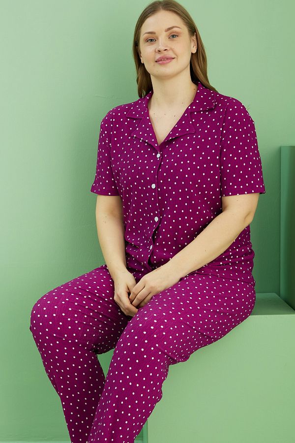 Siyah İnci-Cherry Pattern Bürümcük Fabriccurve Large Size Oversize Buttoned Pajama Suit 1