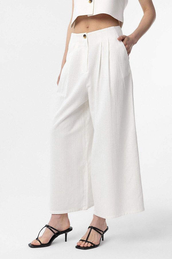 Antioch-White Linen Blended Women's Culotte Trousers 1