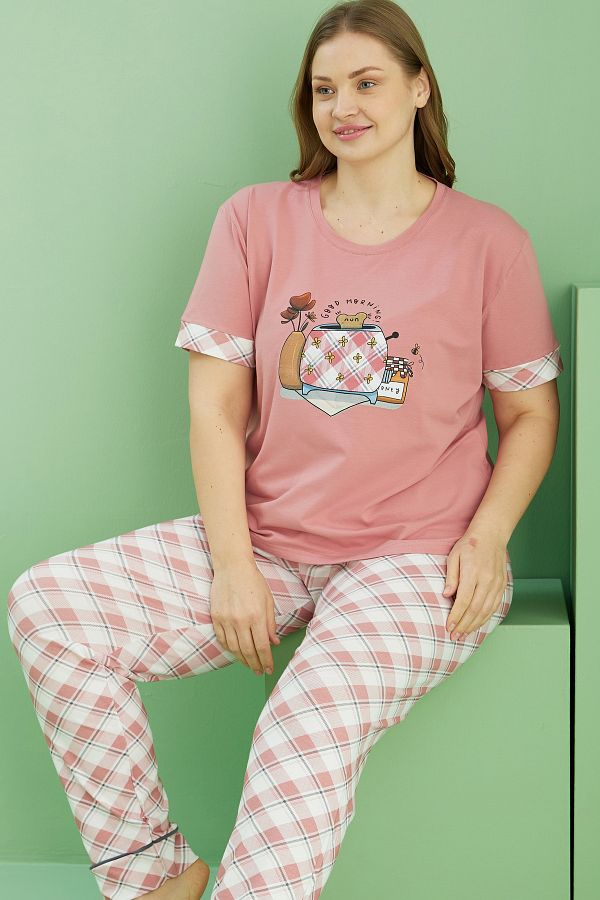 Siyah İnci-Salmon Patterned Curve Plus Size Oversize Cotton Pajama Set 25113770 1