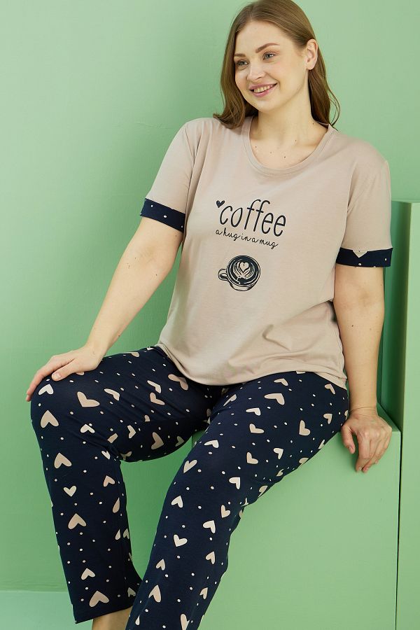 Siyah İnci-Mink Patterned Curve Large Size Oversize Cotton Pajama Set 25113744 1