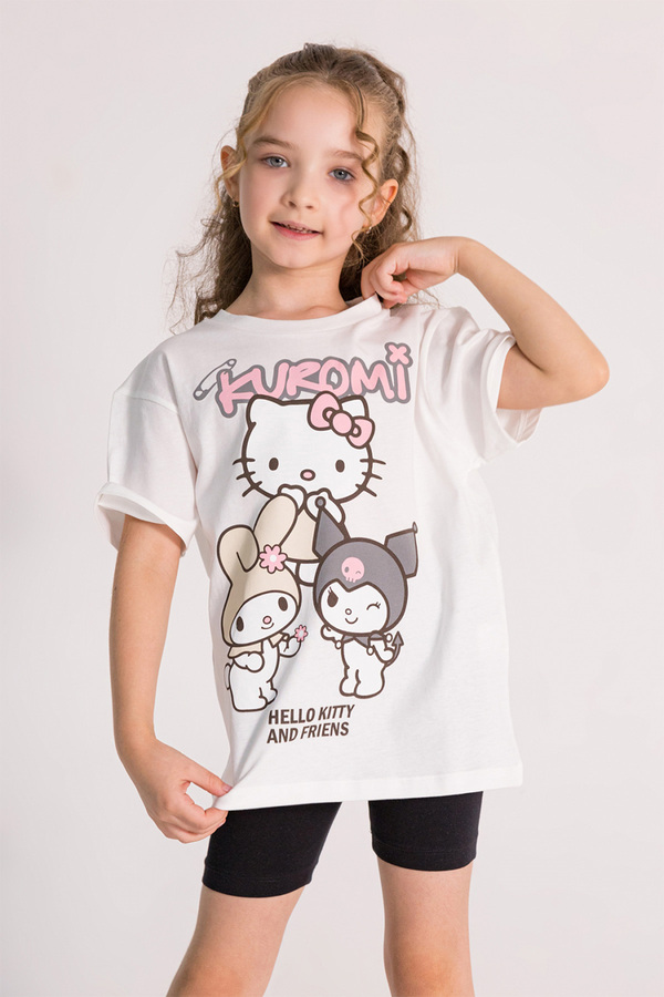 DMB BOYS & GIRLS Hello Kitty ve Kuromi Baskılı Kısa Kollu Rahat Kalıp Pamuklu Kız Çocuk T-shirt