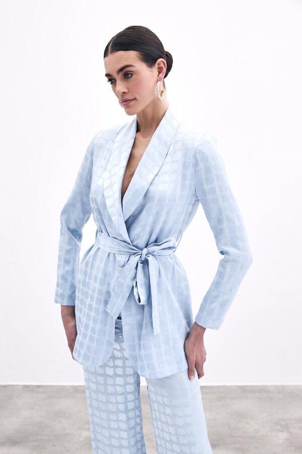 Sateen-Square Patterned Belted Jacket - Baby Blue 1