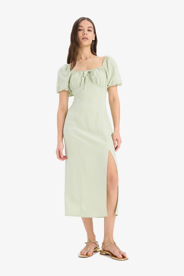 DeFacto-A-Linien-Sommerkleid mit V-Ausschnitt, Leinenmischung, Schlitz, kurze Ärmel, Midi-Sommerkleid F0534ax25sm 1