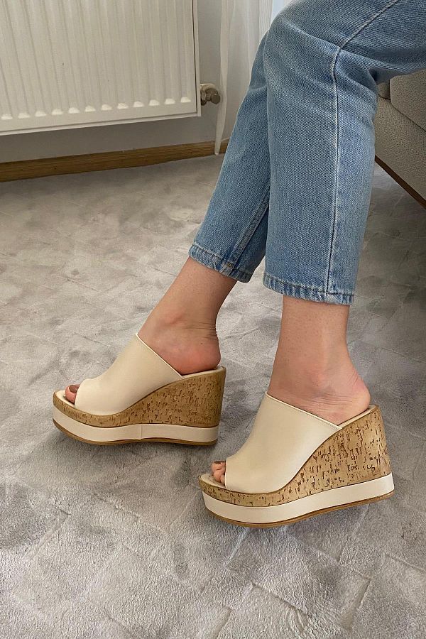 Preshley-Women's Morgan Beige Skin 10 cm Padded Cork Sole Stripe Wrapped Slippers K-500 1