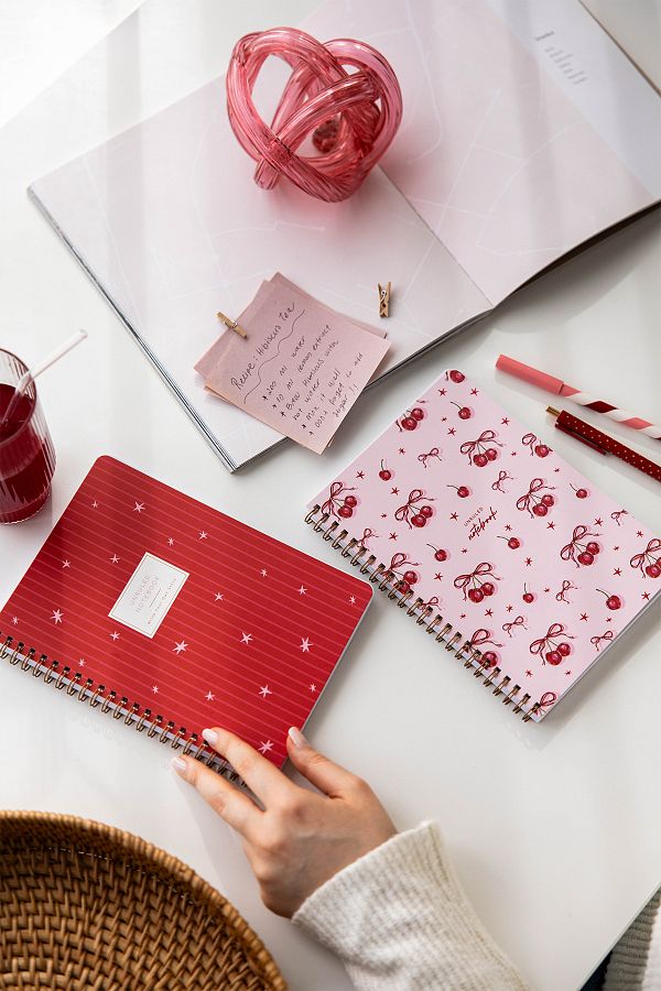 PAPERORA-A5 Spiral Cardboard Cover Set of 2 Plain Unlined School Notebook 80 Sheets, Cherry with Lesson Schedule 1