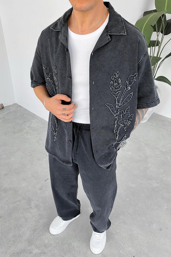 HAFKAGİYİM-Anthracite Premium Patterned Short Sleeve Shirt 1