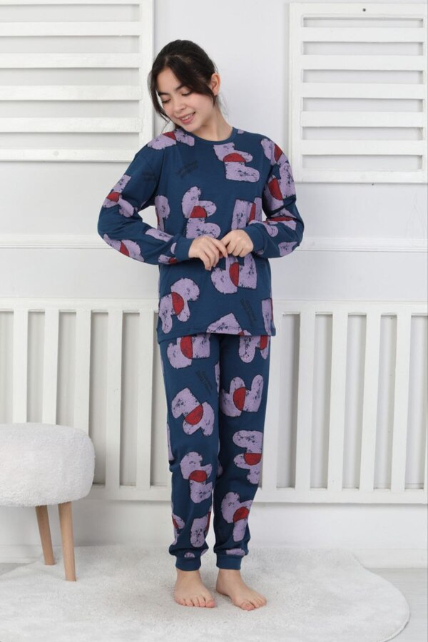 bunny hopp Kız Çocuk Kalp Desenli Pijama Takımı %100 Pamuk Penye 3-13 Yaş Uzun Kollu