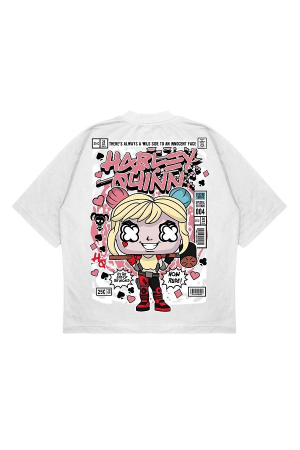 PURE EFFECT-Tricou unisex oversize Harley Quinn cu imprimeu pe spate din țesătură cu croiala boxy 1