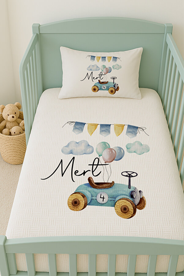 Lilabio %100 Pamuk İsme Özel İsimli 100x150 cm Pike Seti Araba ve Bayraklar