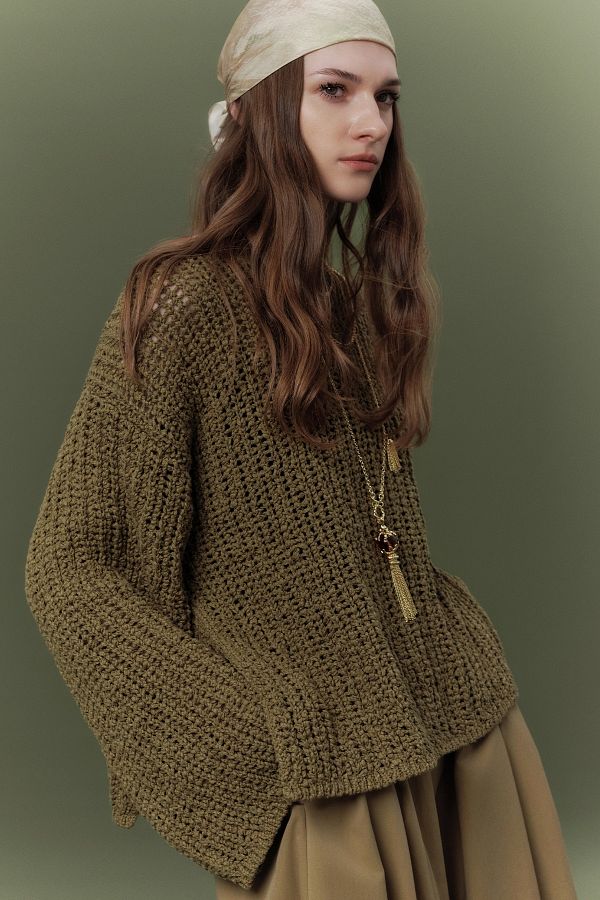Manuka-Grüner STRICKPULLOVER MIT NETZSTRICK 1