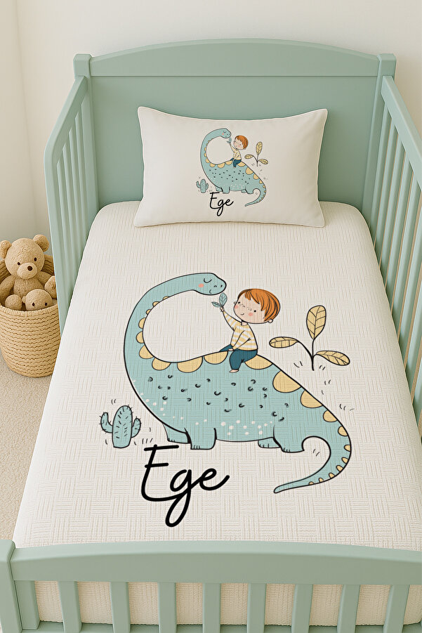 Lilabio %100 Pamuk İsme Özel İsimli 100x150 cm Pike Seti Dinozor ve Çocuk