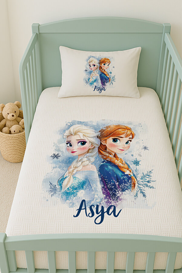 Lilabio %100 Pamuk İsme Özel İsimli 100x150 cm Pike Seti Elsa ve Anna
