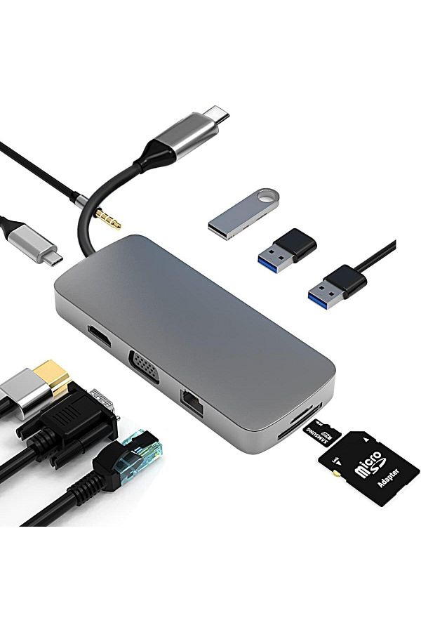 COOYA-محول 10 في 1 من USB C إلى HDMI 4K، مع VGA، ومنفذ شحن PD، ومنفذ Gigabit Ethernet، وقارئ بطاقة SD 1