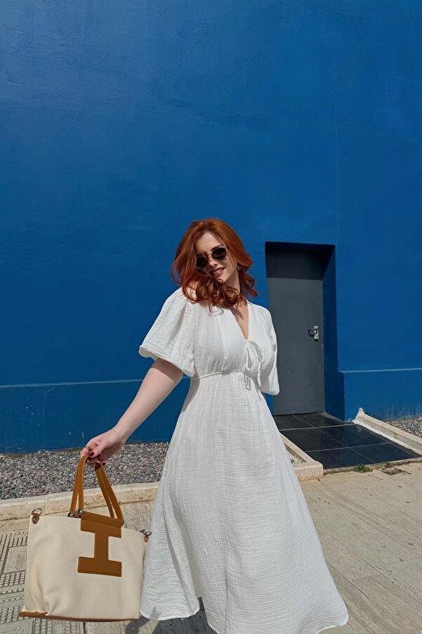 Lusin Women's V-Neck Ecru Muslin Fabric Short Sleeve Dress- Trendyol