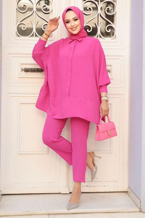Neva Style-Fuchsia Hijab Double Set - Buttoned, 67751F 1