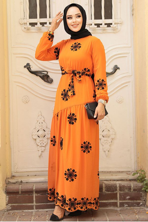 Neva Style-Rochie hijab portocalie cu modele florale 1332t 1