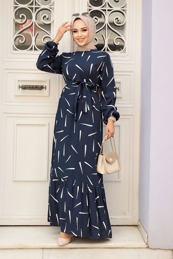 Neva Style-Navy Blue Patterned Hijab Dress - 23431L 1