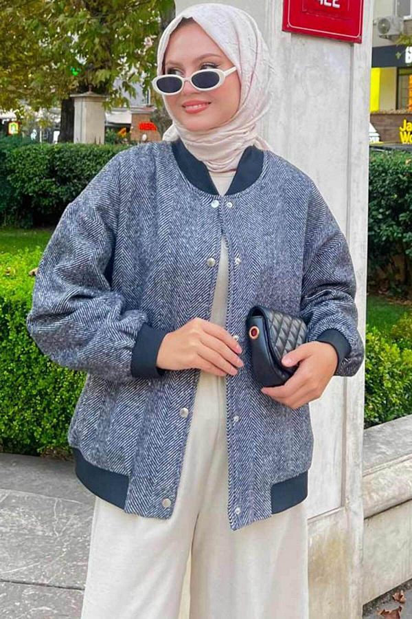 Neva Style-Buttoned Navy Blue Hijab Bomber Jacket 9263L 1