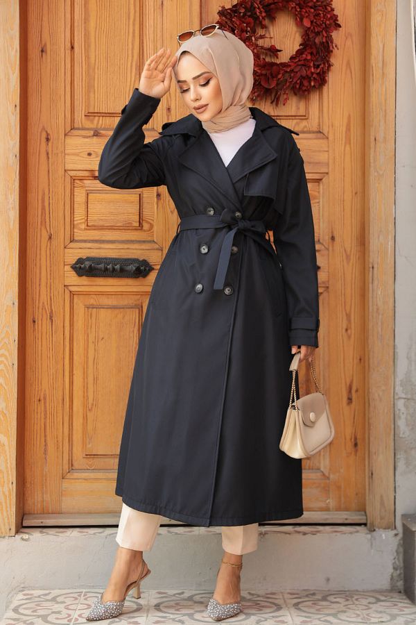 Neva Style-- معطف حجاب باللون الأزرق الداكن بأزرار 5949l 1