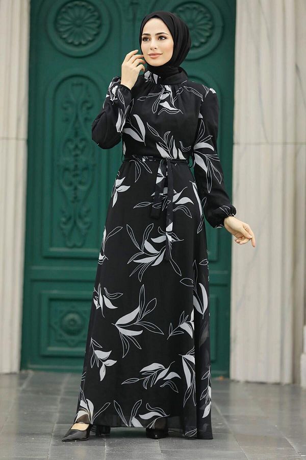 Neva Style-Leaf Patterned Gray Hijab Dress 279315 Gr 1