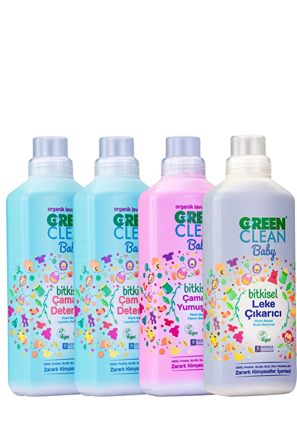 Green Clean Baby Çamaşır Deterjanı 1 lt. + Çamaşır Deterjanı 1 lt Yumuşatıcı 1 lt. Leke Çıkarıcı.