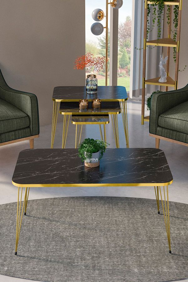 GOLDFALEZ-4-Piece Modern Nesting Table Set - Walnut with Black Metal Frame - Coffee Table  + 3 Nesting Tables 1