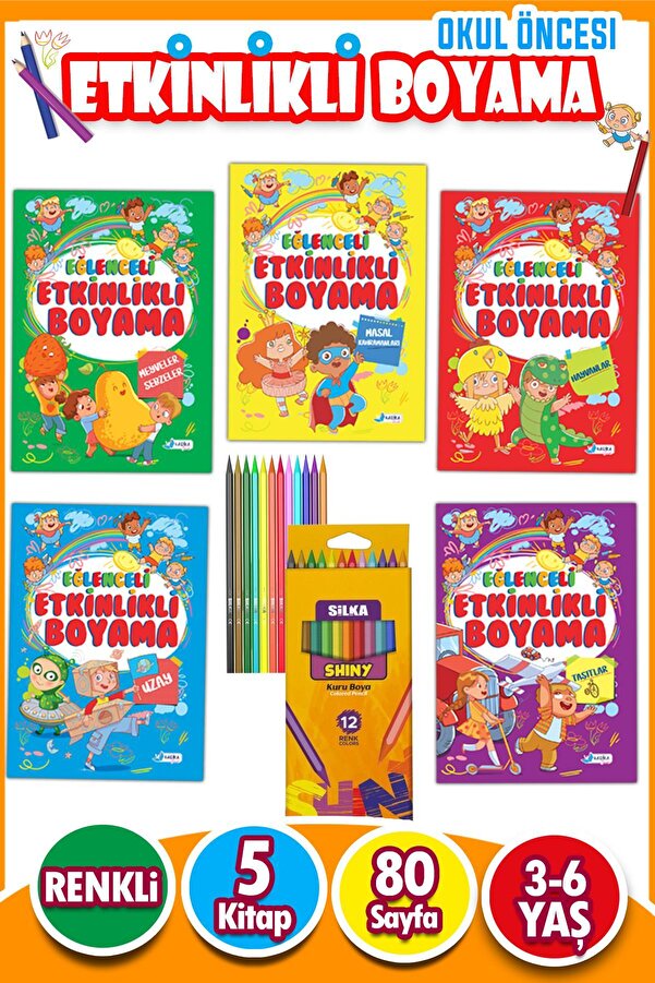 Harika Kitap 12'li Kuru Boya ve Eğlenceli Etkinlikli Boyama Seti - 80 Sayfa - 5 Kitap