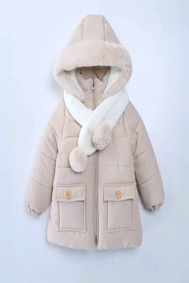 DeKuBaby YENİ SEZON İçi Kürklü Cepli Kapüşonu Varaklı Kaşkolu PonPonlu Kışlık Çocuk Kaban-Mont