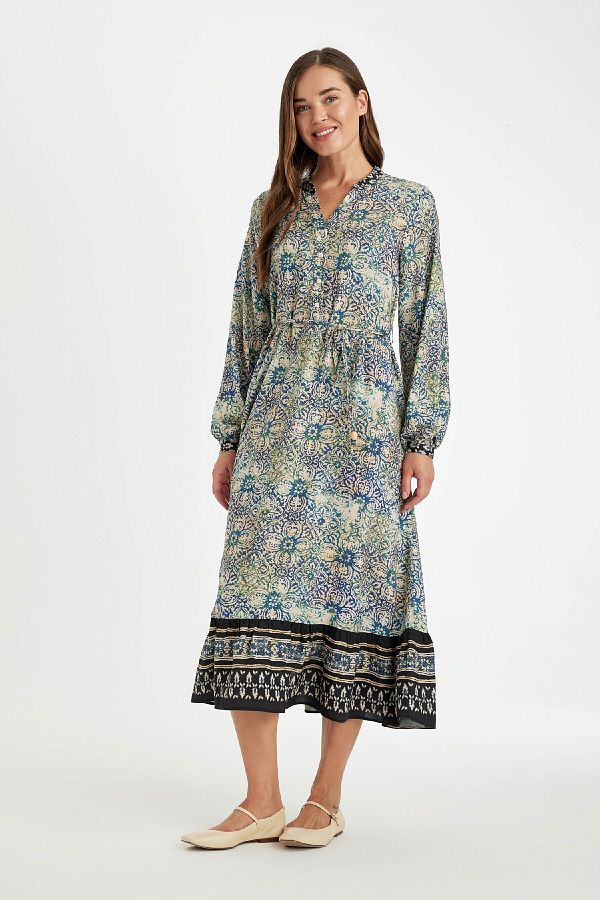 DeFacto-Regular Fit Apache Neckline Print Button up Long Sleeve Maxi Dress D5447Ax24Au 1