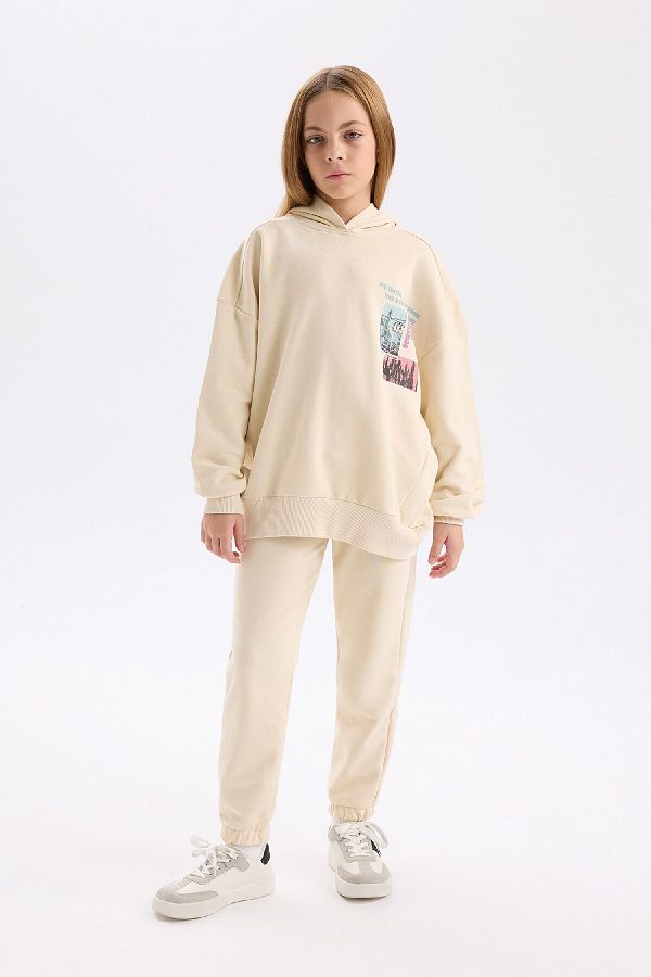 DeFacto-Girl's Crew Neck Printed Sweatshirt and Elastic Jogger Sweatpants Set of 2 - D4057A824Wn 1