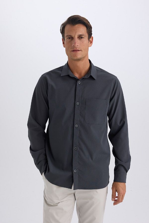 DeFacto-Regular Fit Polo Kragen Basic Plain Seersucker Langarmshirt D8713ax25sp 1