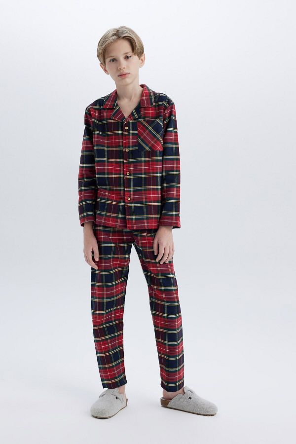 DeFacto-Boys' Pajamas Set - Flannel Check, Long Sleeve, Top Elastic Waist, Long Bottom D8577A824Wn 1