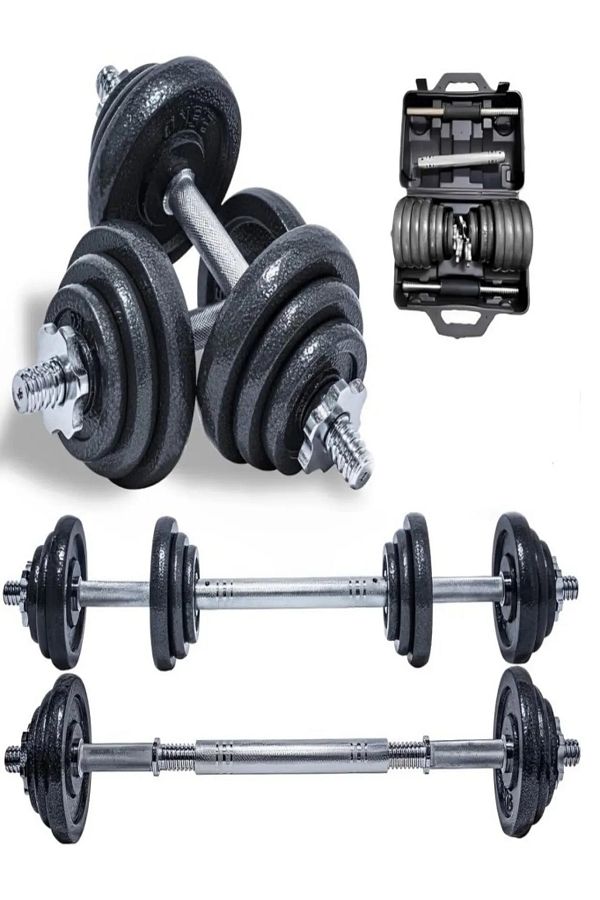Fitness World-2-in-1 barbell dumbbell set, dumbbell set with adjustable weights, 30 kg, silver 1