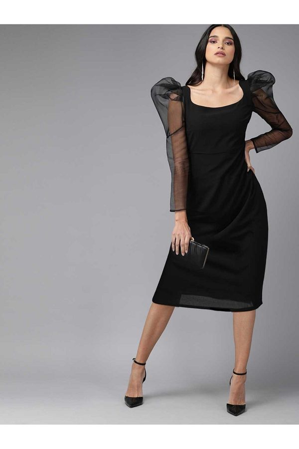 Mish By Styli-Square Neck Puff Mesh Sleeve Knee-Length Dress 1