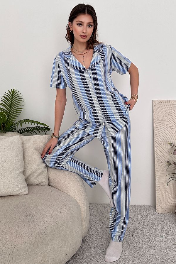 EYYE-Set pijamale de damă din bumbac alb albastru 1