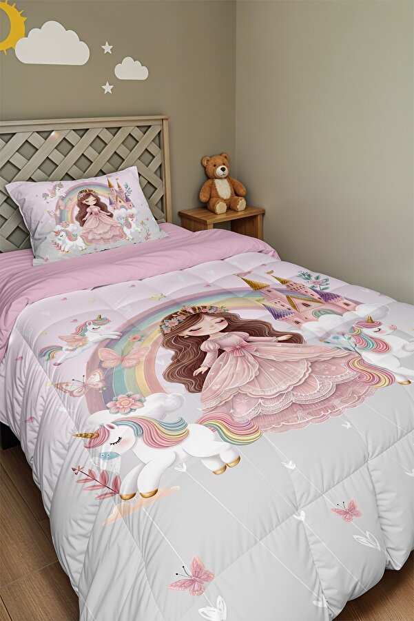 Evpanya Pembe Gri Unicornlu Prenses Desenli Tek Kişilik Yorgan ve Yastık Kılıfı
