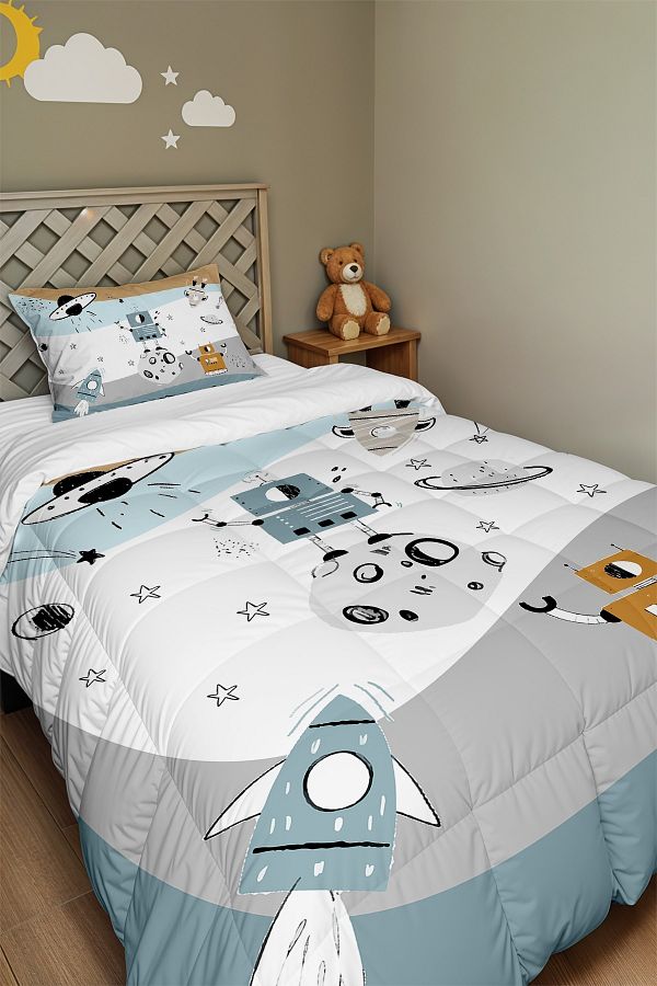 EVPANYA-Blue Fun Robot Patterned Single Quilt and Pillowcase 1