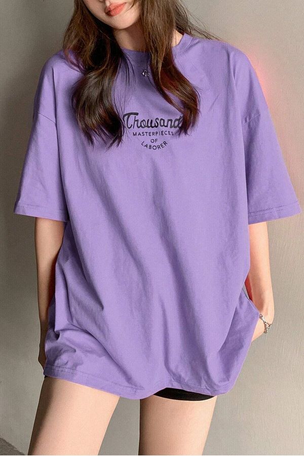 Know-Women's Purple Crew Neck Thousand Printed Oversize T-Shirt 1