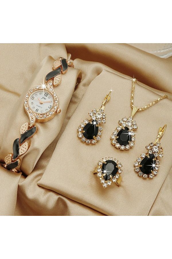 Choice-Black Women Watch Hand Jewelry Set Diamond Bracelet Watch Water Drop Jewelry Set 5pcs/set 1