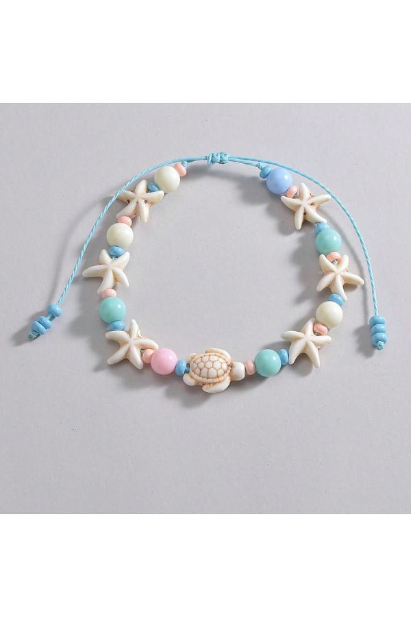 Choice-ASL70130A Neon Pink Color Flower Shell String Weaving Handmade Anklet Starfish Shell Turtle Charm Ad 1