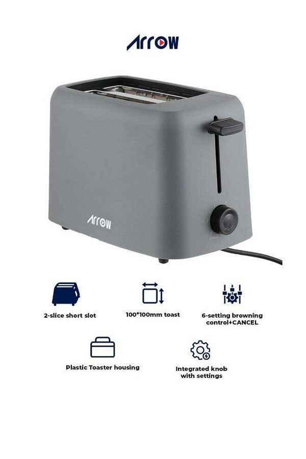 ARROW-2-Slice Plastic Toaster with 6 Browning Settings, Compact Design, 650W, Black + Dark Grey Color, Rem 1