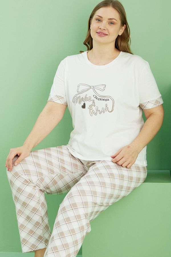 Siyah İnci-Ecru Patterned Curve Plus Size Oversize Cotton Pajama Set 25113773 1