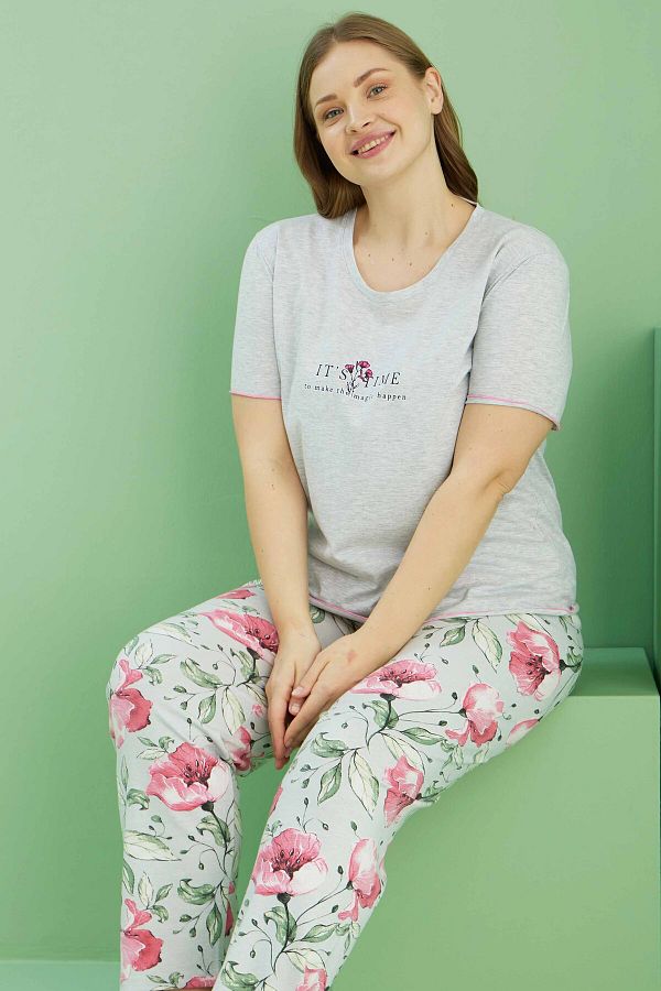 Siyah İnci-Costum de pijama supradimensionat din bumbac, cu dungi gri Melange Curve 25113807 1
