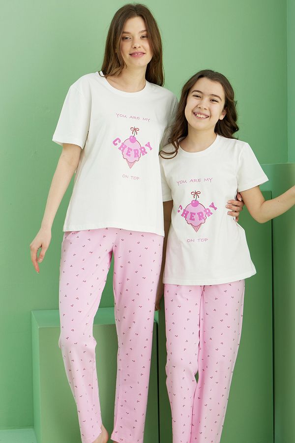 Siyah İnci-Ecru Patterned Cotton Crew Neck Knitted Pajama Set 25117085 1