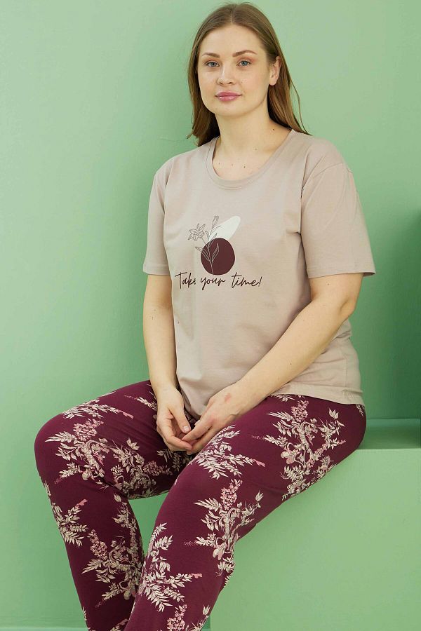 Siyah İnci-Mink Patterned Curve Large Size Oversize Cotton Pajama Set 25113813 1