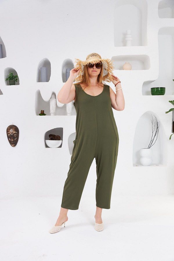 RMG-Large Size Jumpsuit with Pocket Detail Khaki 1