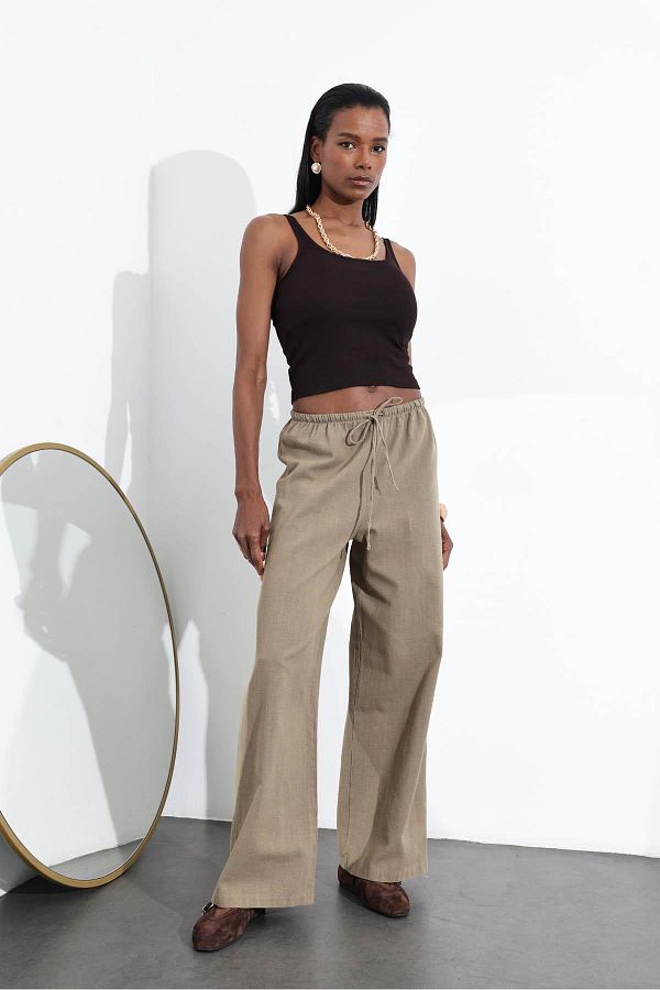 5in1Canpolat-Khaki Elastic Waist Cotton Linen Trousers 251005 1