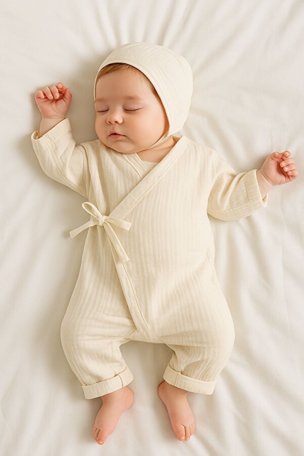 Minytrendy Kız Erkek Yenidoğan Bebek Organik Müslin Şapkalı Kimono Tulum Hastane Çıkışı Hediyelik