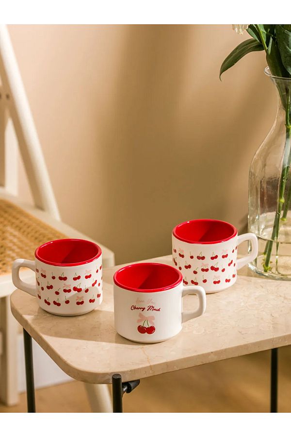LC Waikiki-Lcw Home Mixed Cherry Printed Ceramic Mug Set of 3 184 ml 1