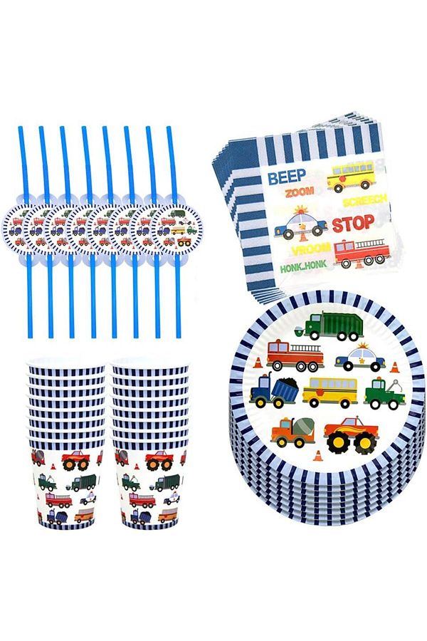 COOYA-50Pcs Disposable Tableware, Engineering Vehicle Theme, Party Supplies, for Boy Birthday 1